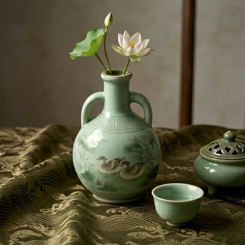 Celadon Mandarin Duck and Lotus Ceramic Vase