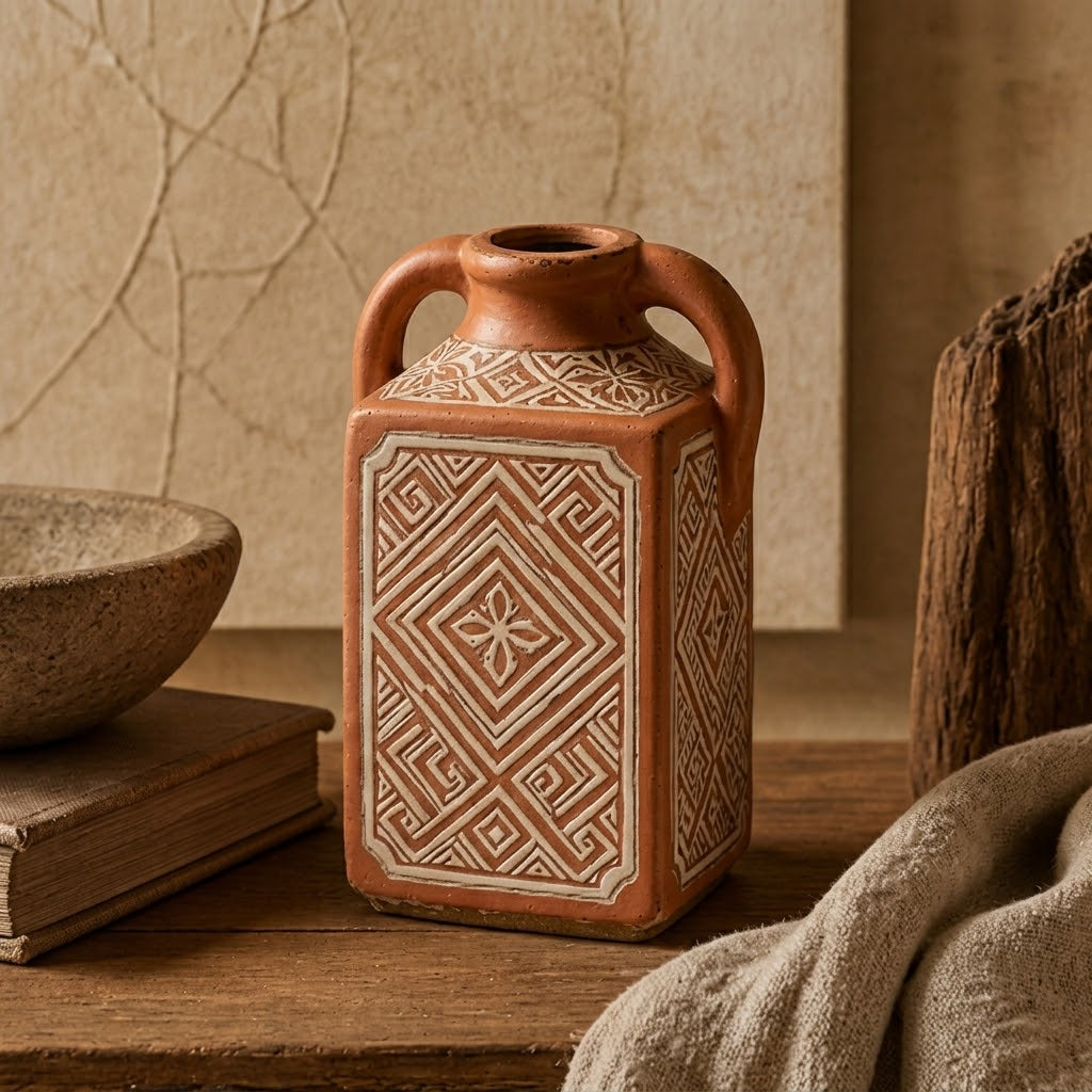 Rustic Square Handle Ceramic Vase