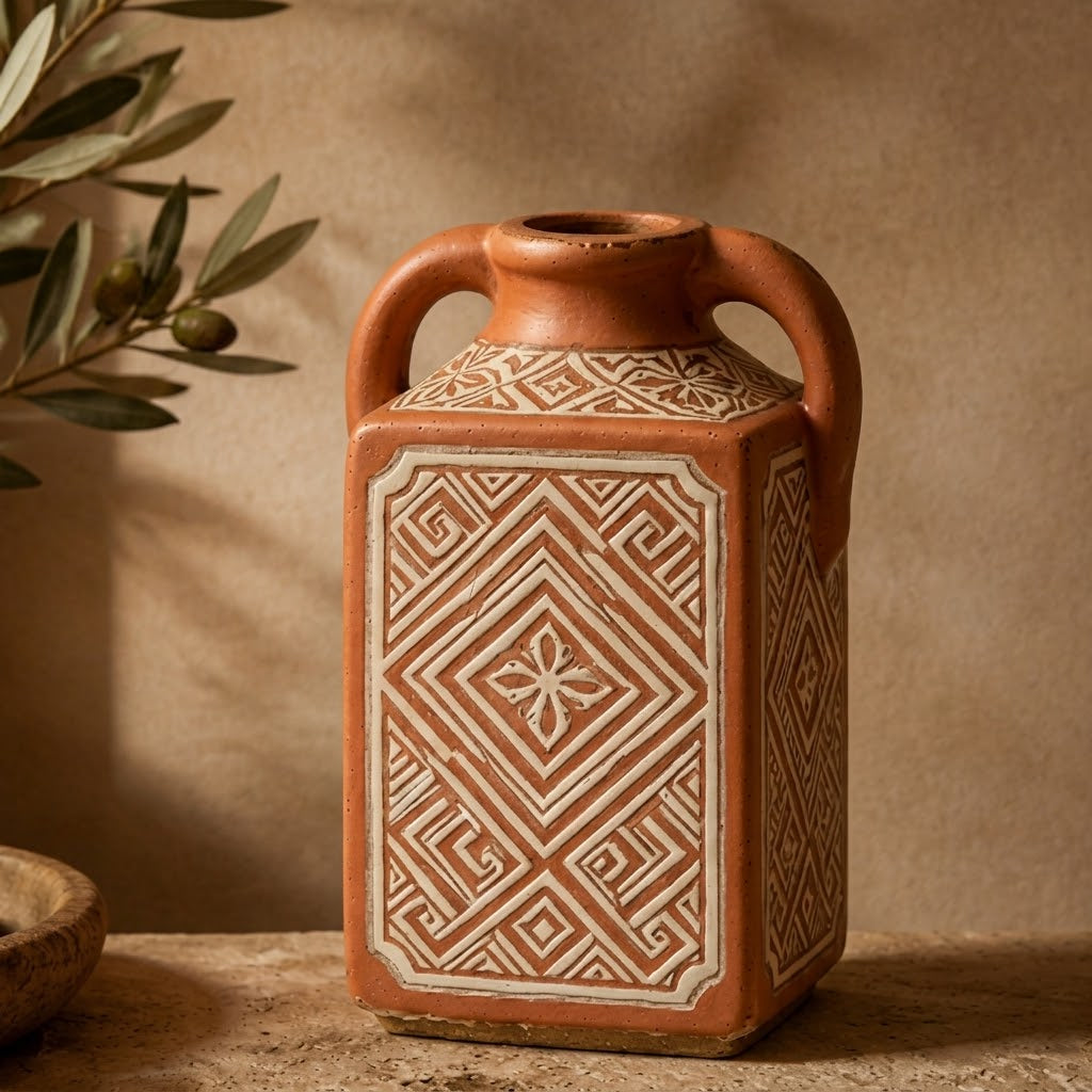 Rustic Square Handle Ceramic Vase