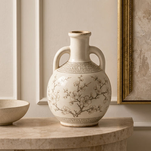 Vintage Cream Ceramic Amphora Vase with Blossom Motif