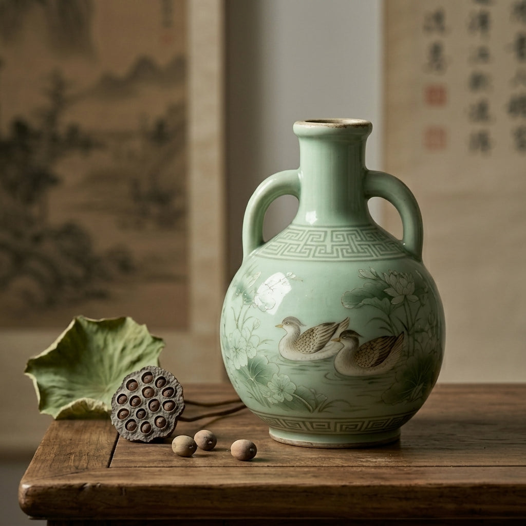 Celadon Mandarin Duck and Lotus Ceramic Vase