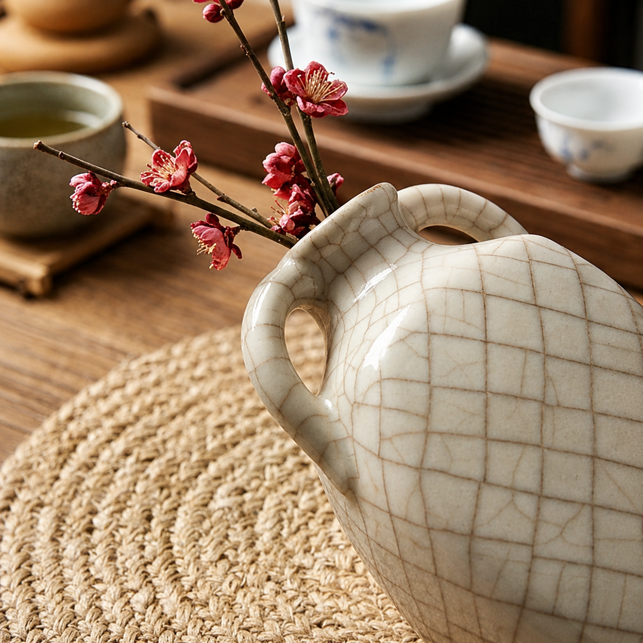 Elegant Crackle Ceramic Vase with Handles
