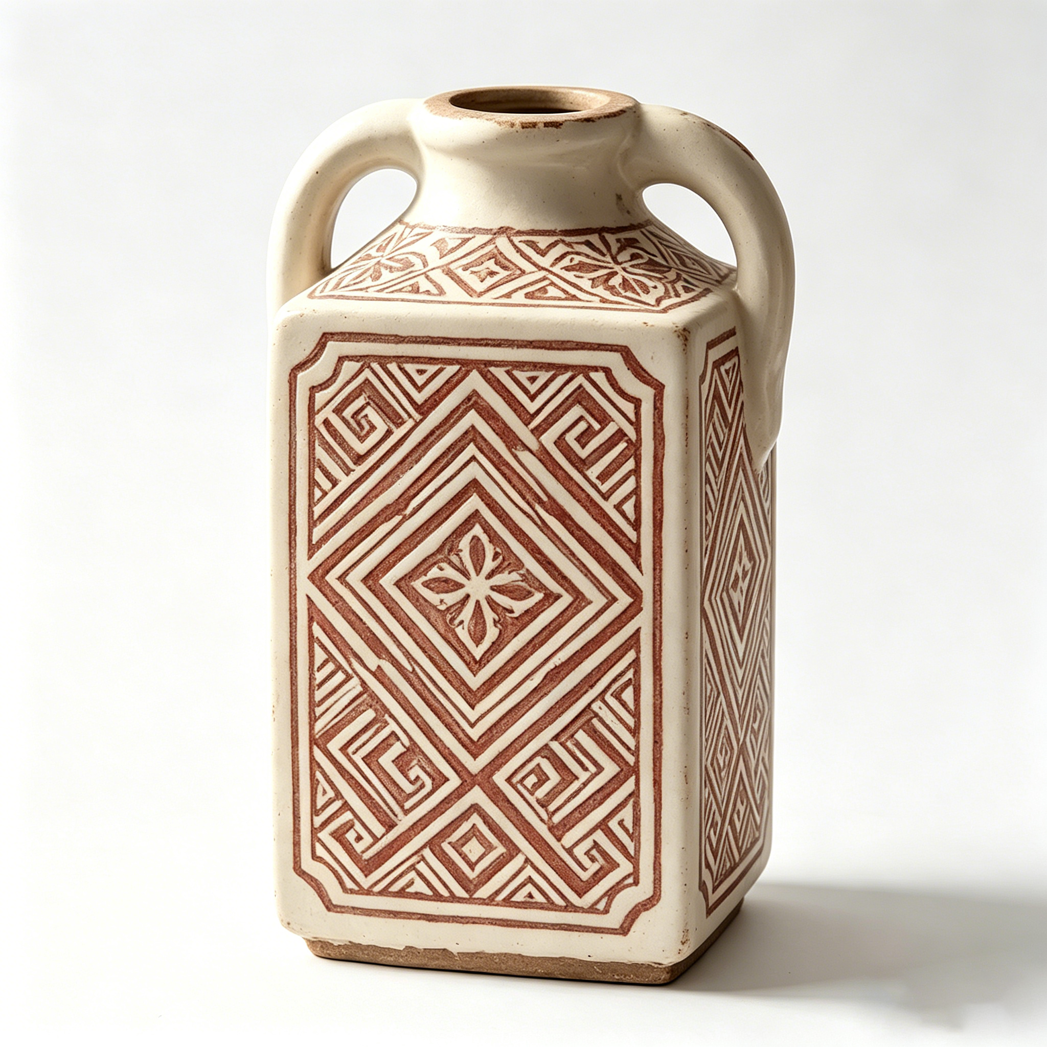 Vintage Geometric Terracotta Handled Vase
