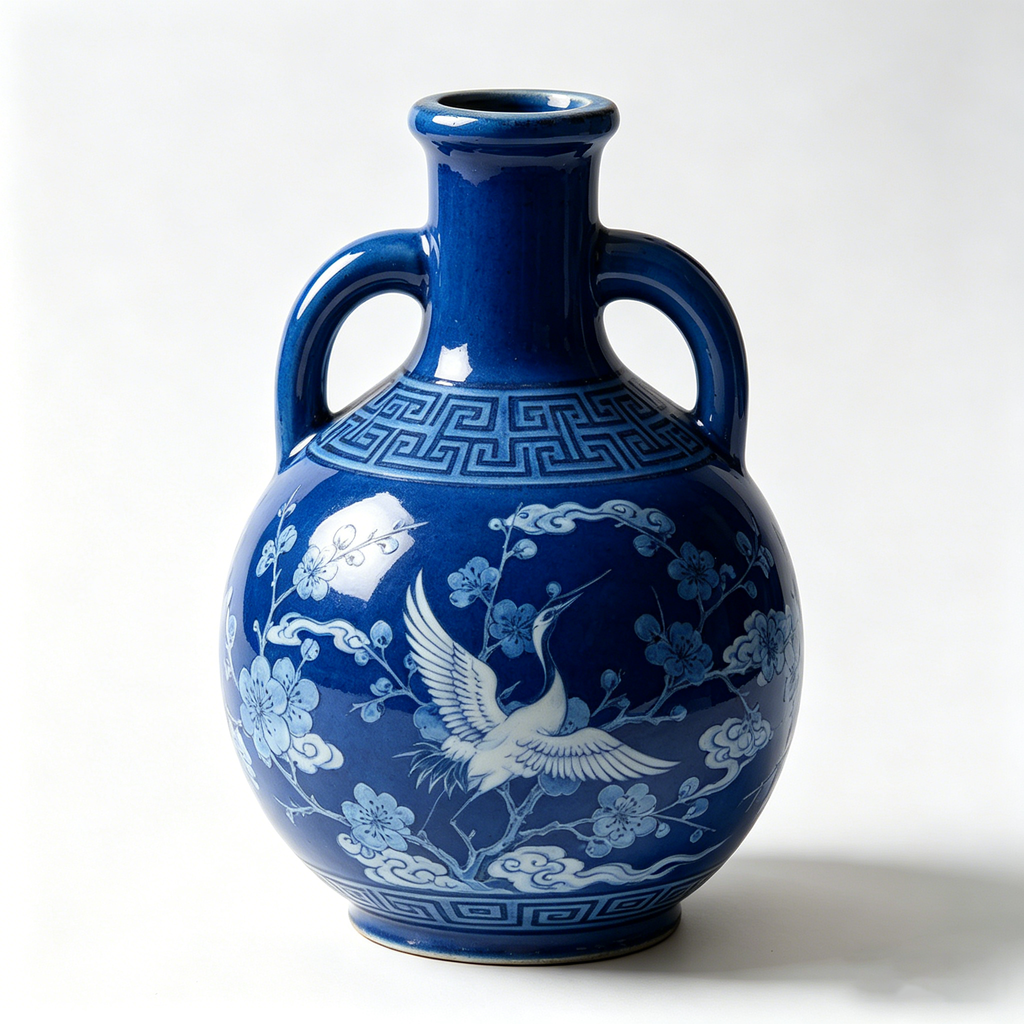 Cobalt Blue Crane and Blossom Ceramic Vase