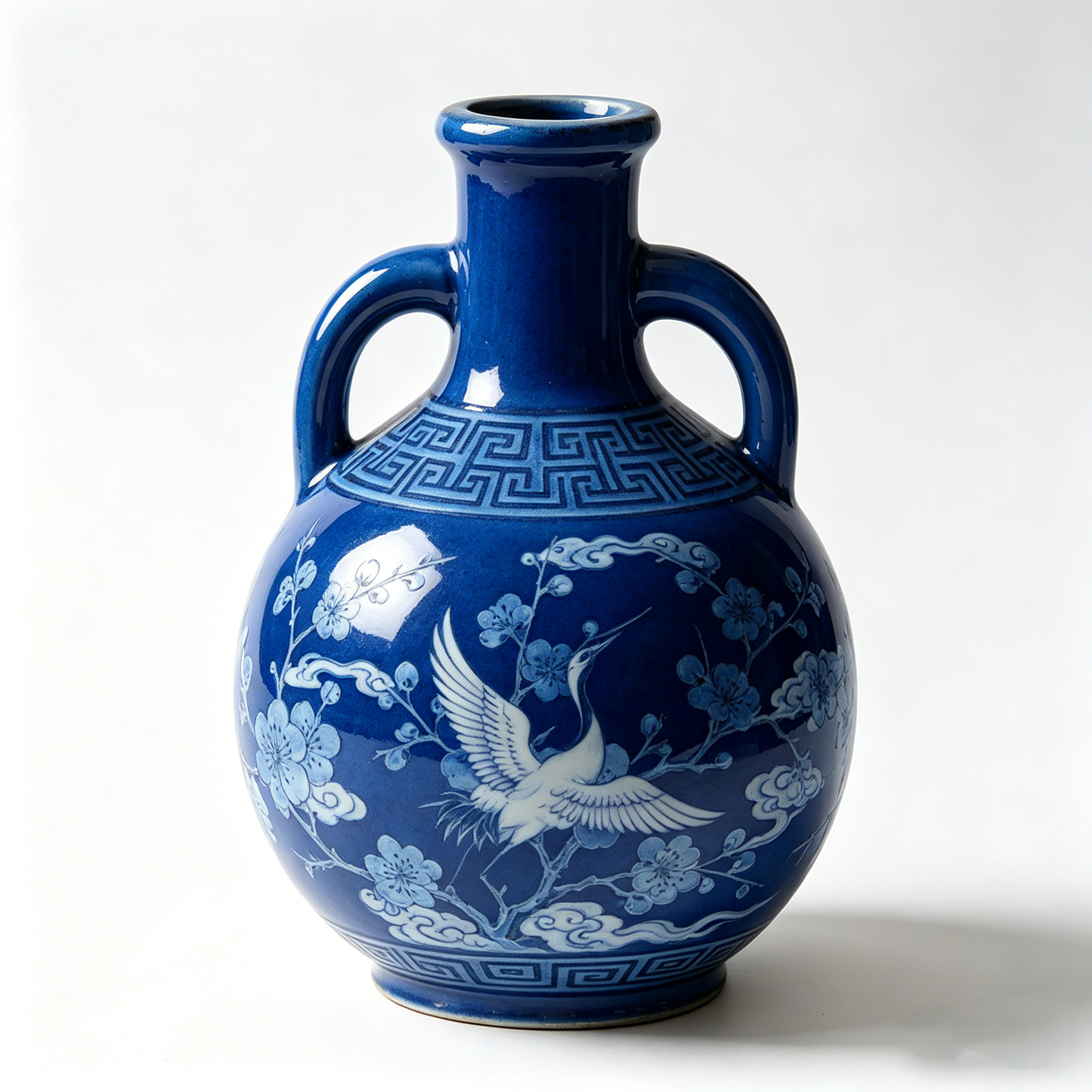 Cobalt Blue Crane and Blossom Ceramic Vase