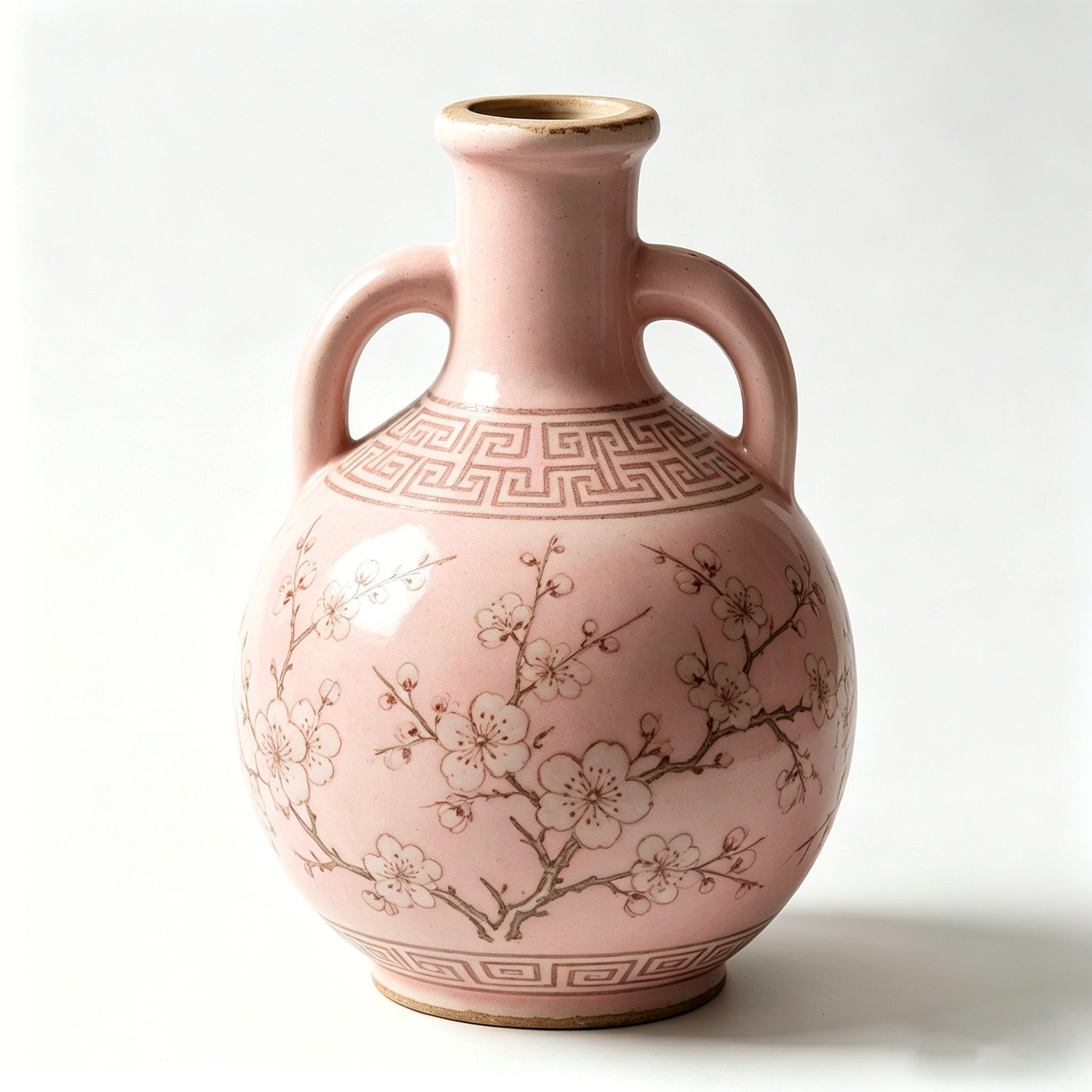 Blush Pink Ceramic Amphora Vase with Blossom Motif