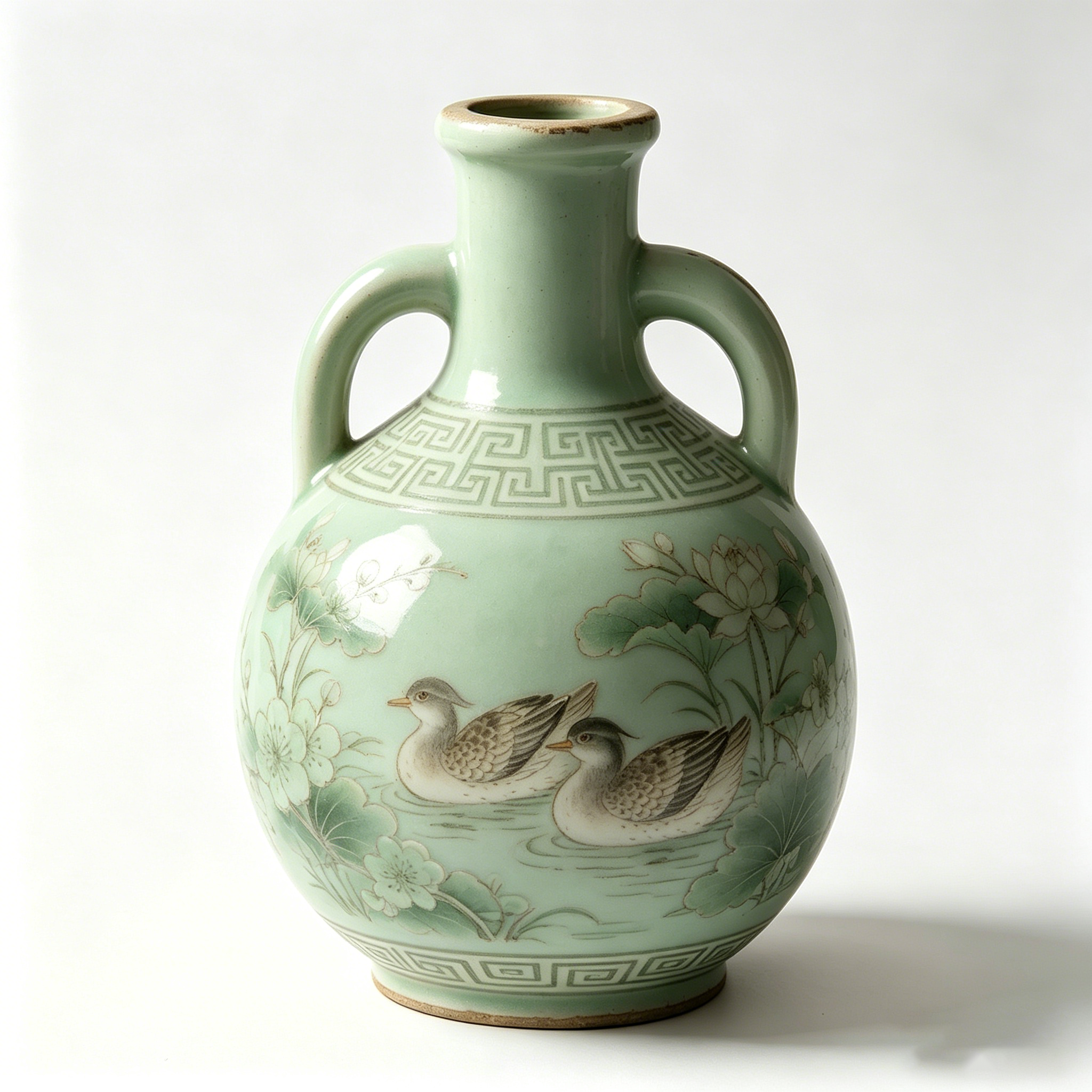 Celadon Mandarin Duck and Lotus Ceramic Vase