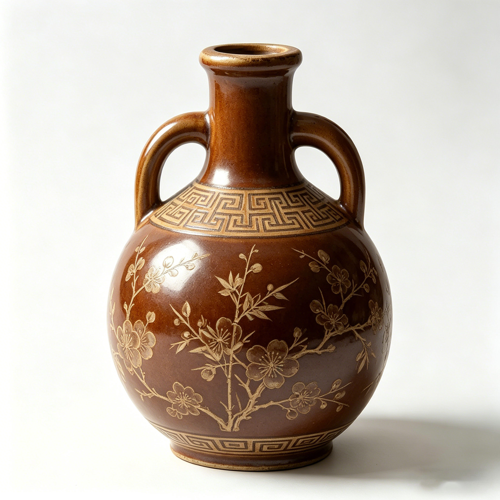Chestnut Brown Ceramic Amphora Vase with Blossom Motif