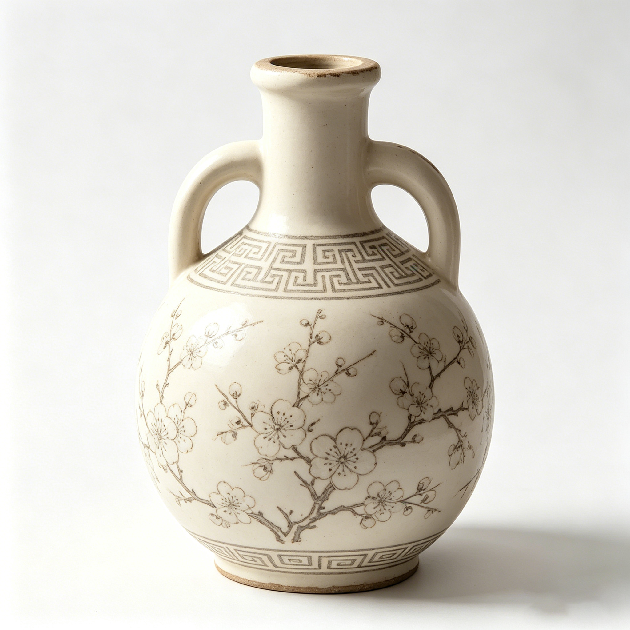 Vintage Cream Ceramic Amphora Vase with Blossom Motif