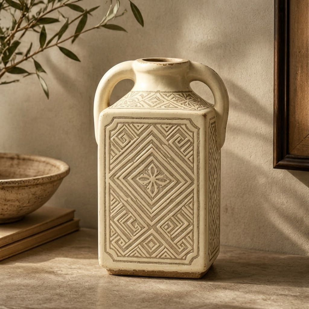 Carved Bone Geometric Handled Vase