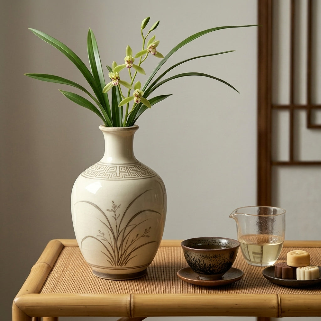 Sepia Orchid Ceramic Bottle Vase