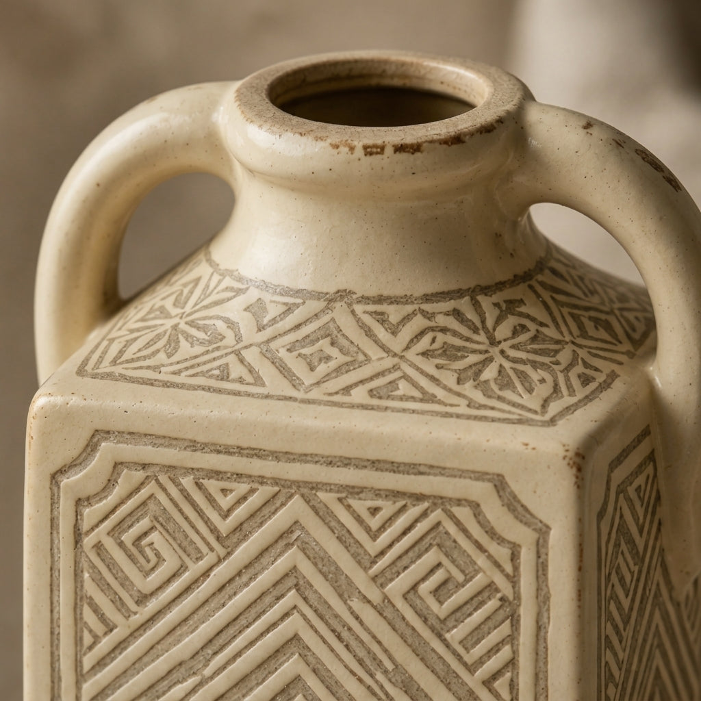 Carved Bone Geometric Handled Vase
