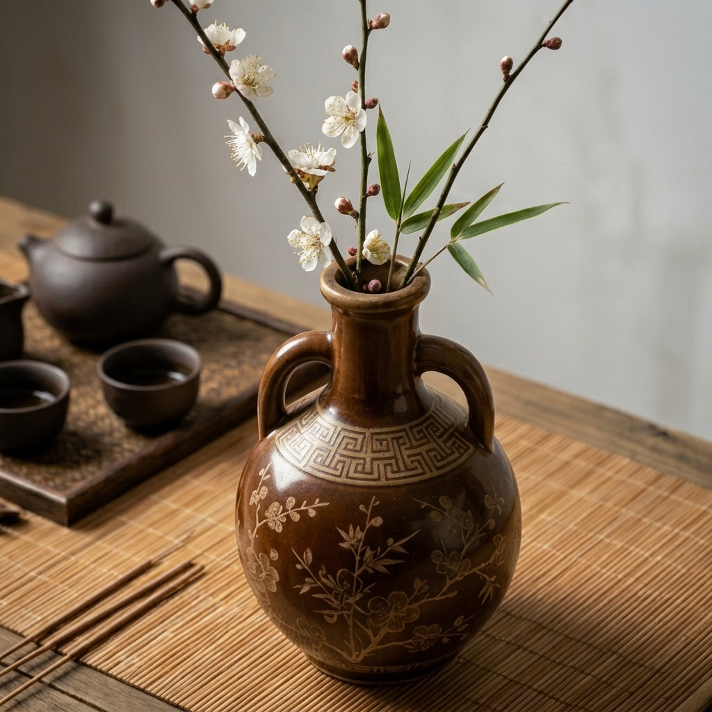 Chestnut Brown Ceramic Amphora Vase with Blossom Motif
