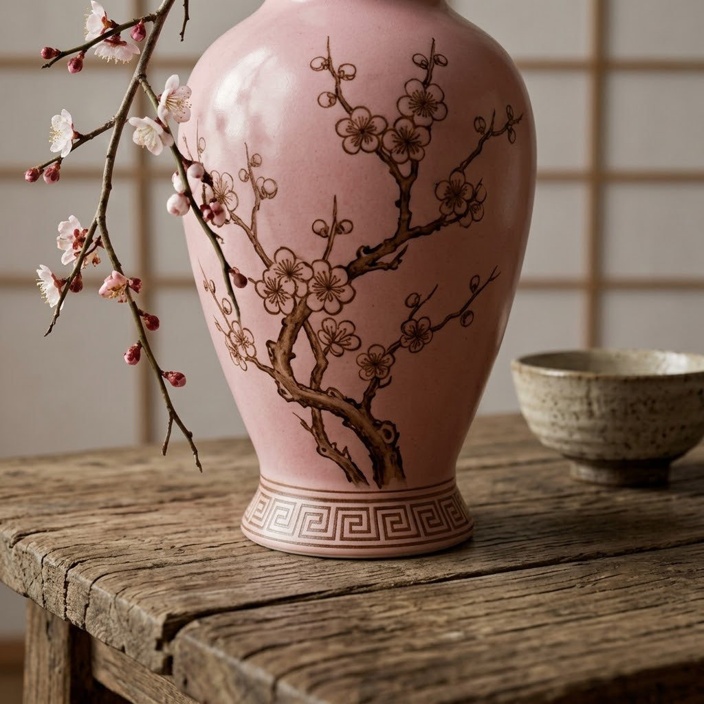 Blush Pink Ceramic Amphora Vase with Blossom Motif