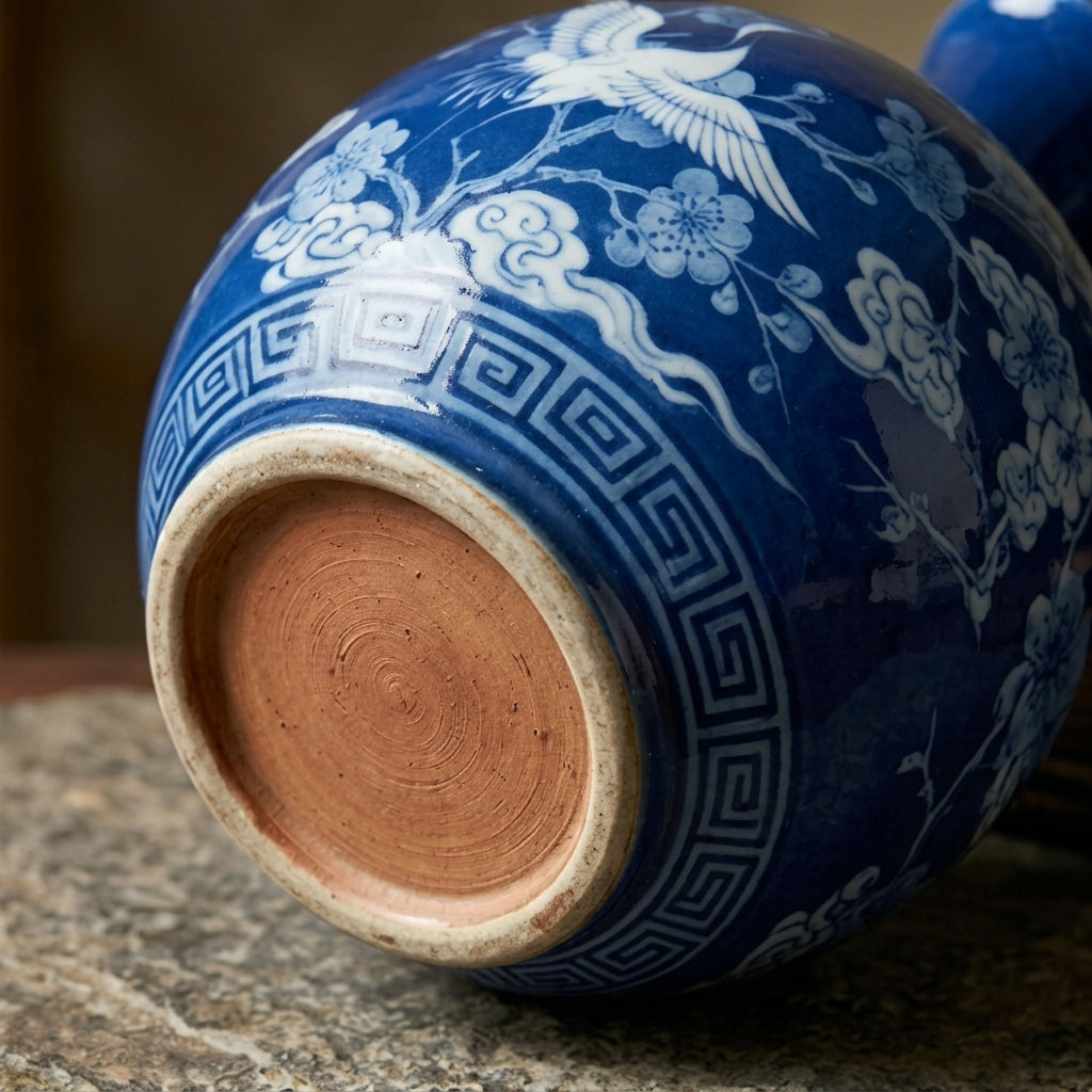 Cobalt Blue Crane and Blossom Ceramic Vase