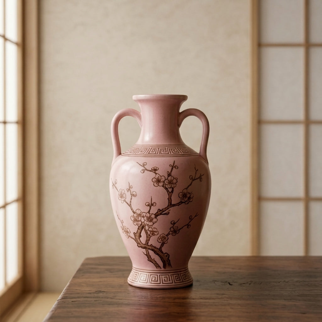Blush Pink Ceramic Amphora Vase with Blossom Motif