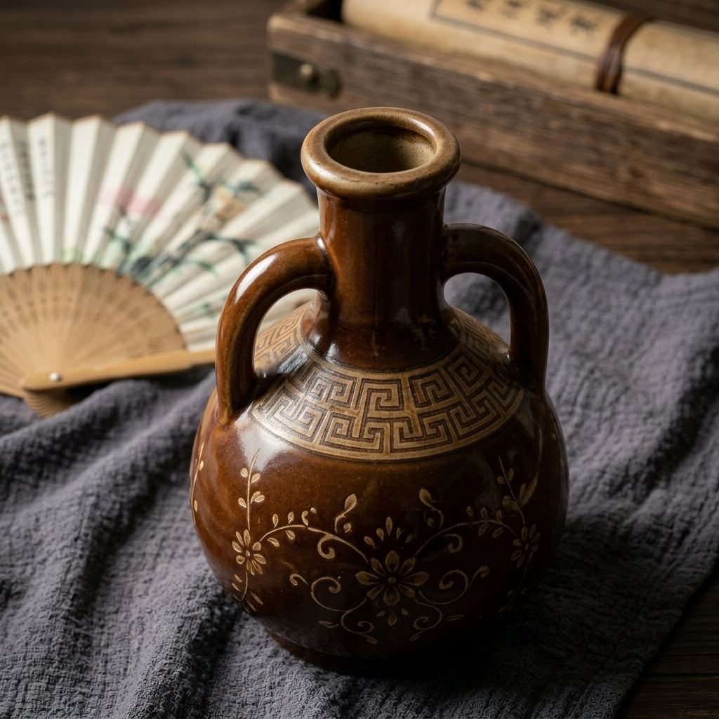 Chestnut Brown Ceramic Amphora Vase with Blossom Motif