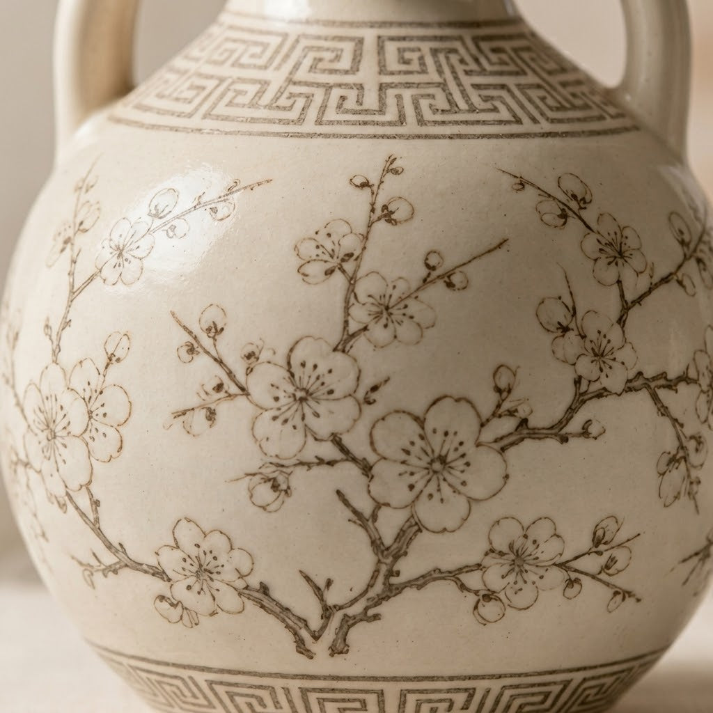 Vintage Cream Ceramic Amphora Vase with Blossom Motif