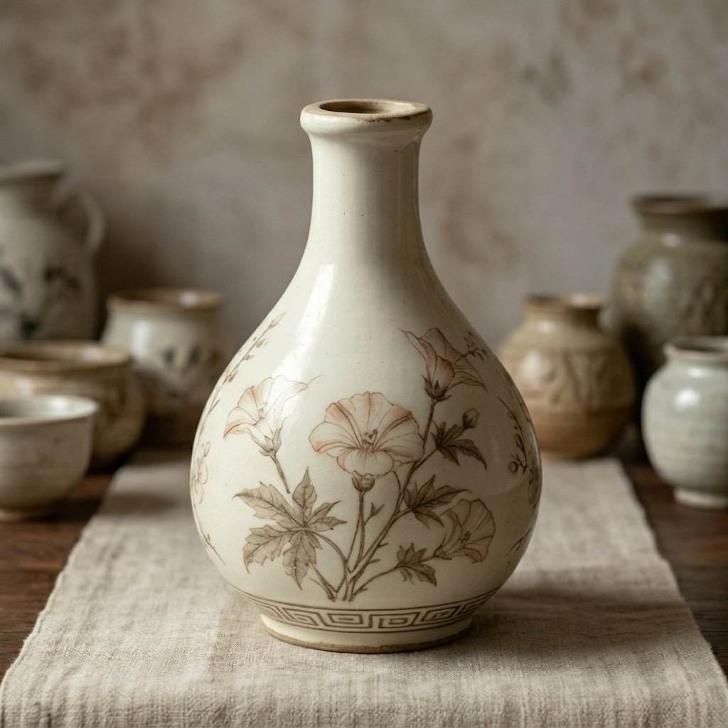 Vintage Botanical Ivory Ceramic Bottle Vase