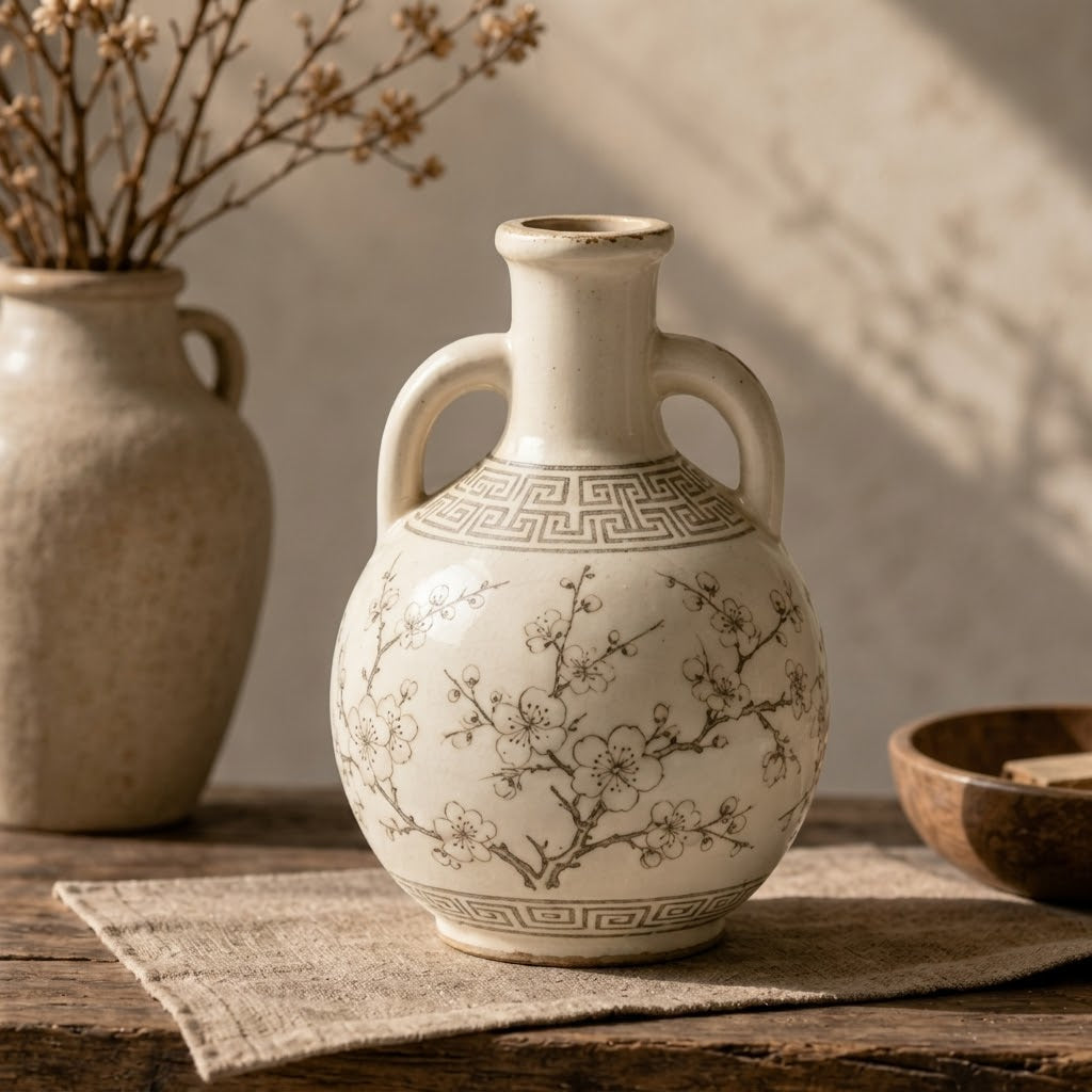 Vintage Cream Ceramic Amphora Vase with Blossom Motif