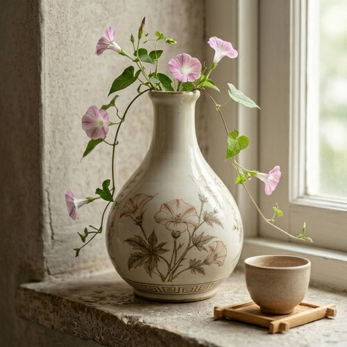 Vintage Botanical Ivory Ceramic Bottle Vase