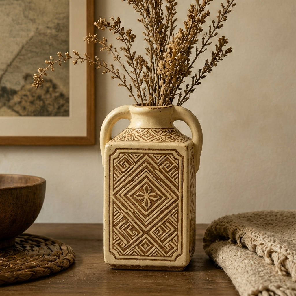 Vintage Geometric Terracotta Handled Vase