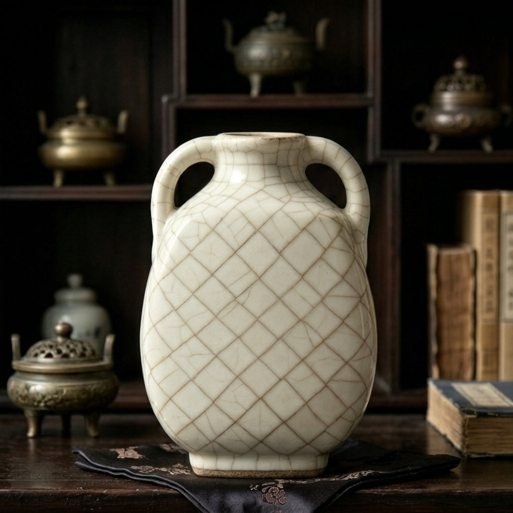 Elegant Crackle Ceramic Vase with Handles