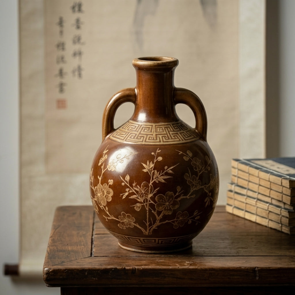 Chestnut Brown Ceramic Amphora Vase with Blossom Motif