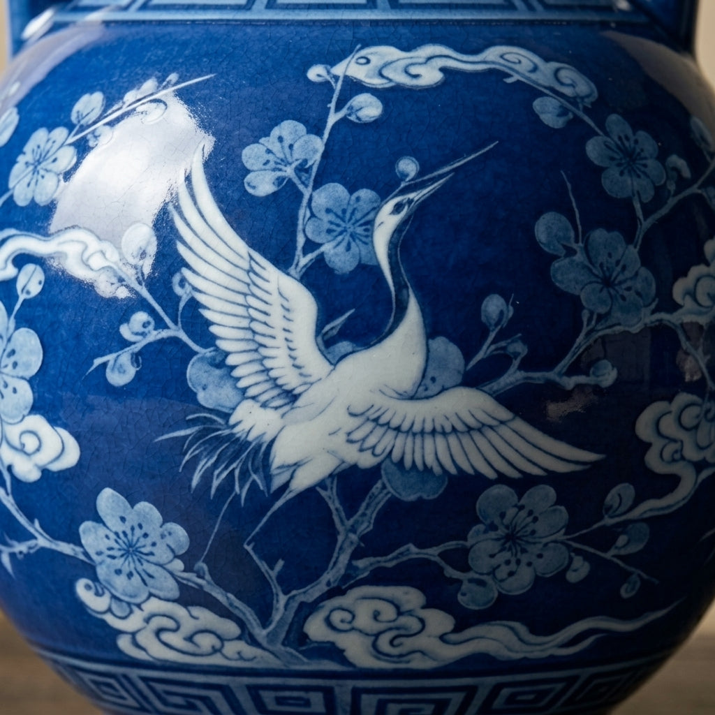 Cobalt Blue Crane and Blossom Ceramic Vase