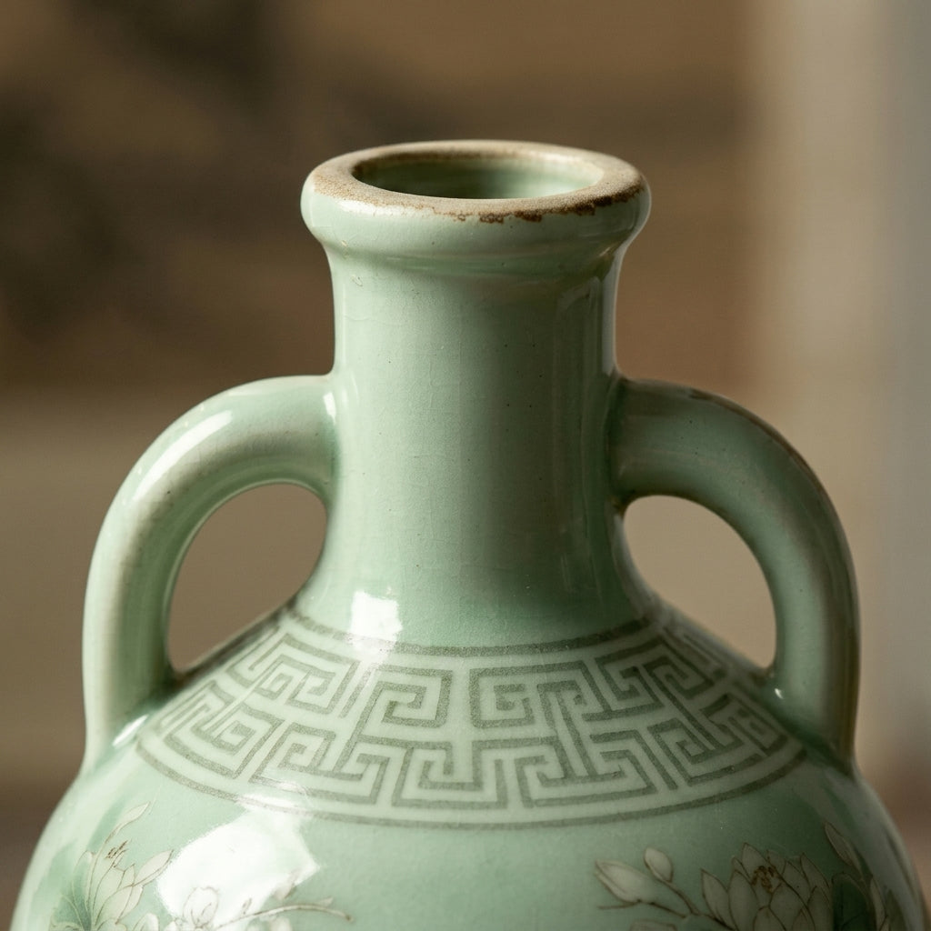 Celadon Mandarin Duck and Lotus Ceramic Vase