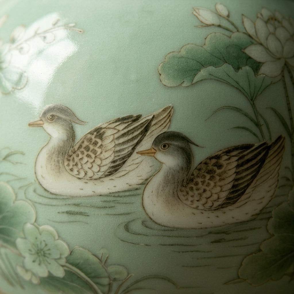 Celadon Mandarin Duck and Lotus Ceramic Vase