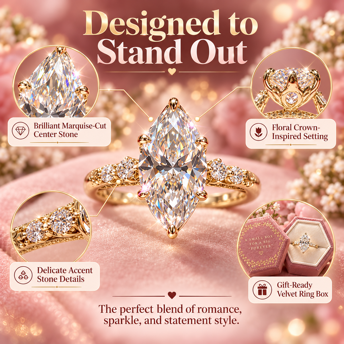✨ A Ring as Unique as Your Love — Marquise Floral Crown Ring