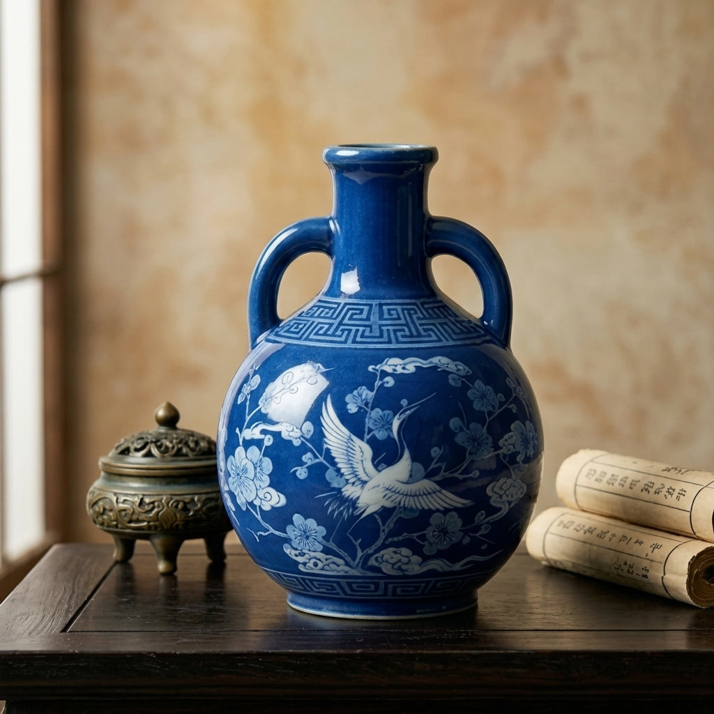 Cobalt Blue Crane and Blossom Ceramic Vase