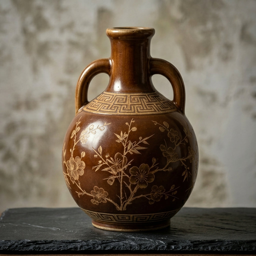 Chestnut Brown Ceramic Amphora Vase with Blossom Motif