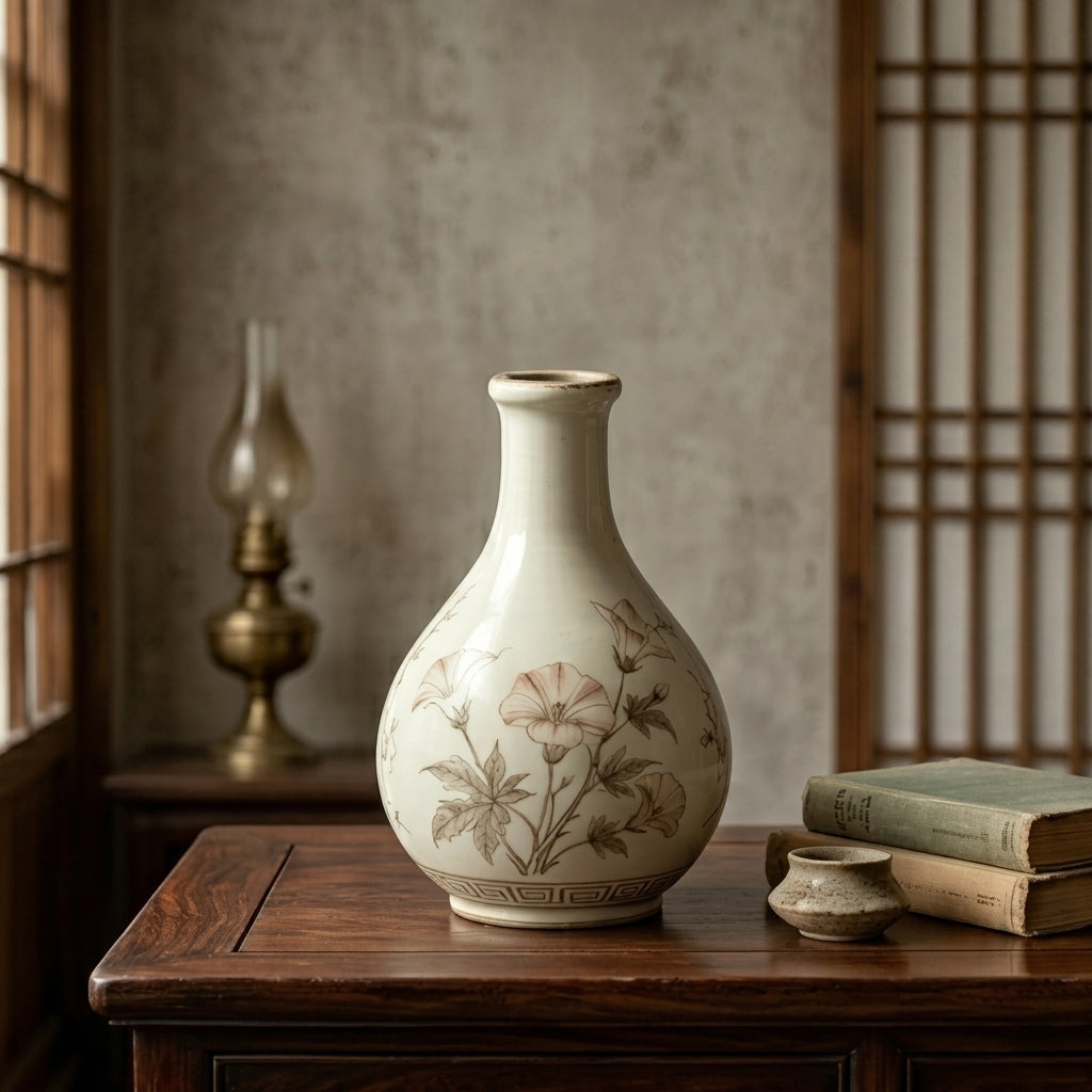 Vintage Botanical Ivory Ceramic Bottle Vase