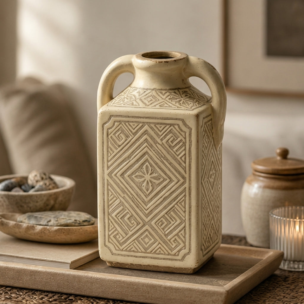 Carved Bone Geometric Handled Vase