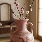 Blush Pink Ceramic Amphora Vase with Blossom Motif