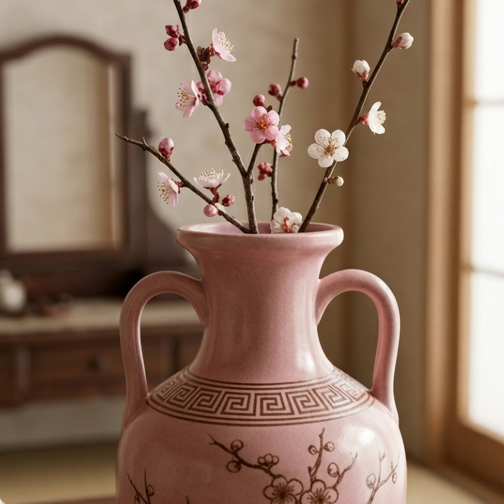 Blush Pink Ceramic Amphora Vase with Blossom Motif