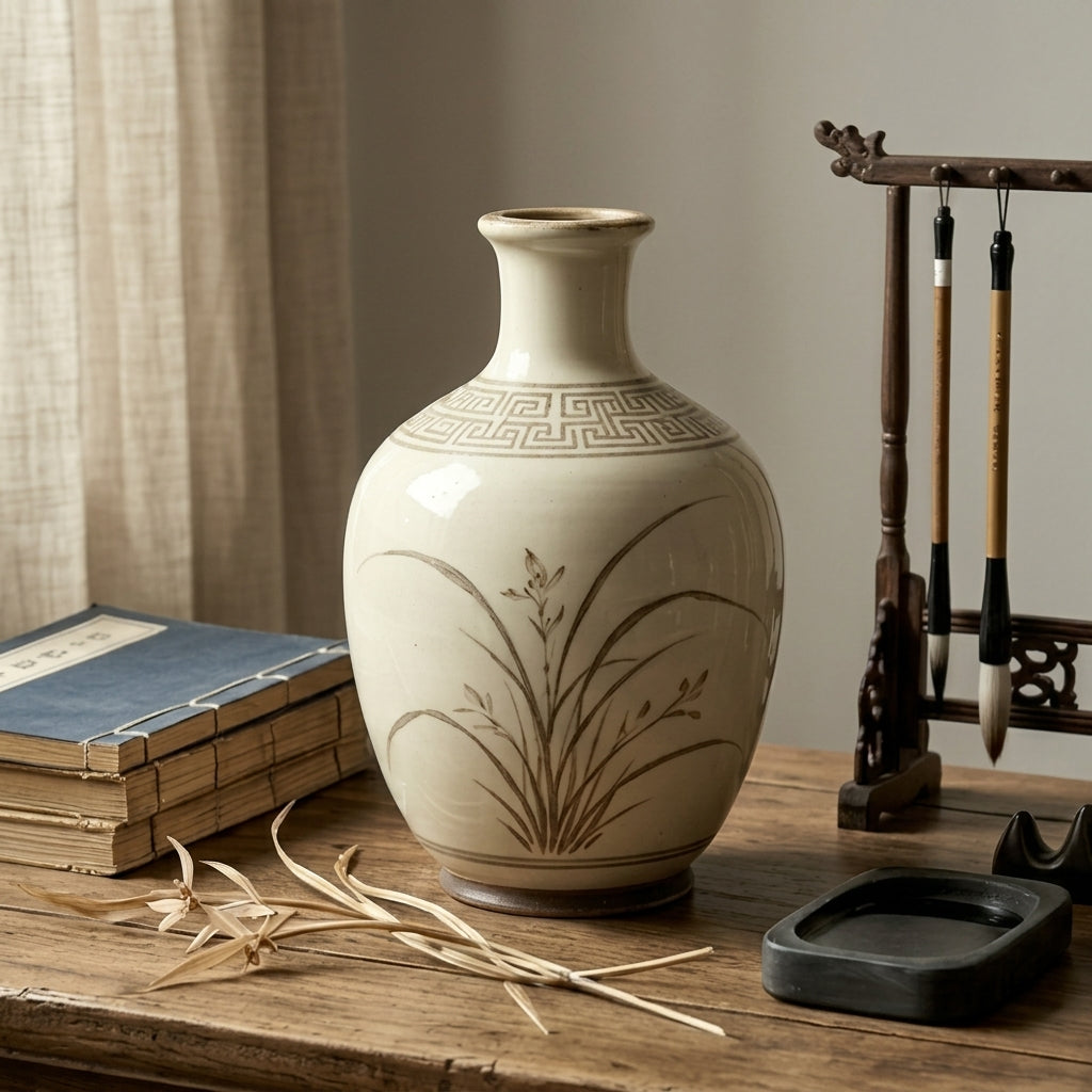 Sepia Orchid Ceramic Bottle Vase