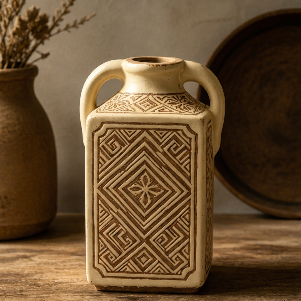 Warm Sand Geometric Handled Vase