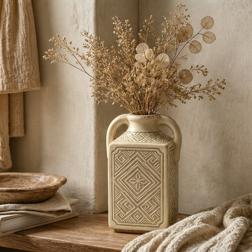 Carved Bone Geometric Handled Vase