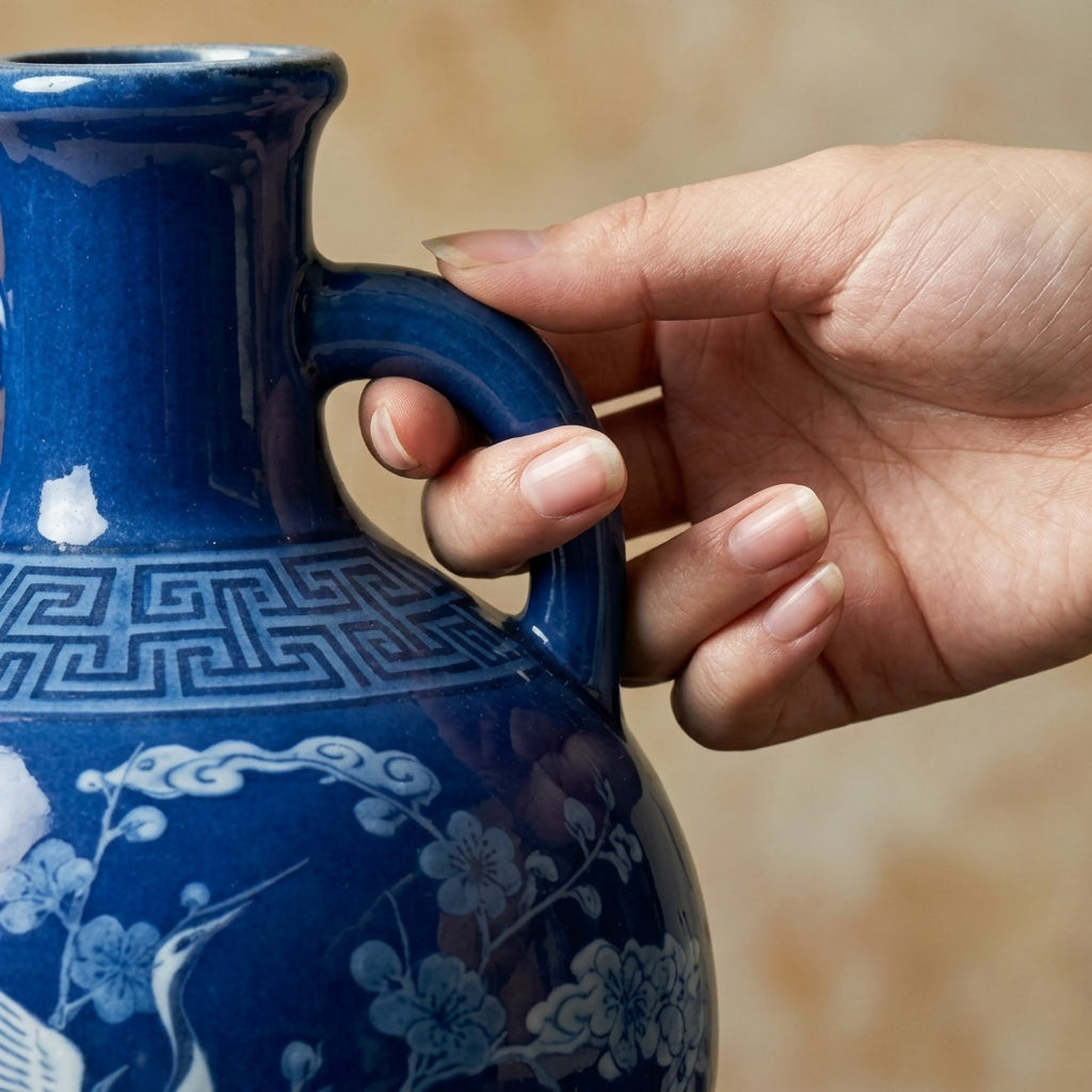 Cobalt Blue Crane and Blossom Ceramic Vase