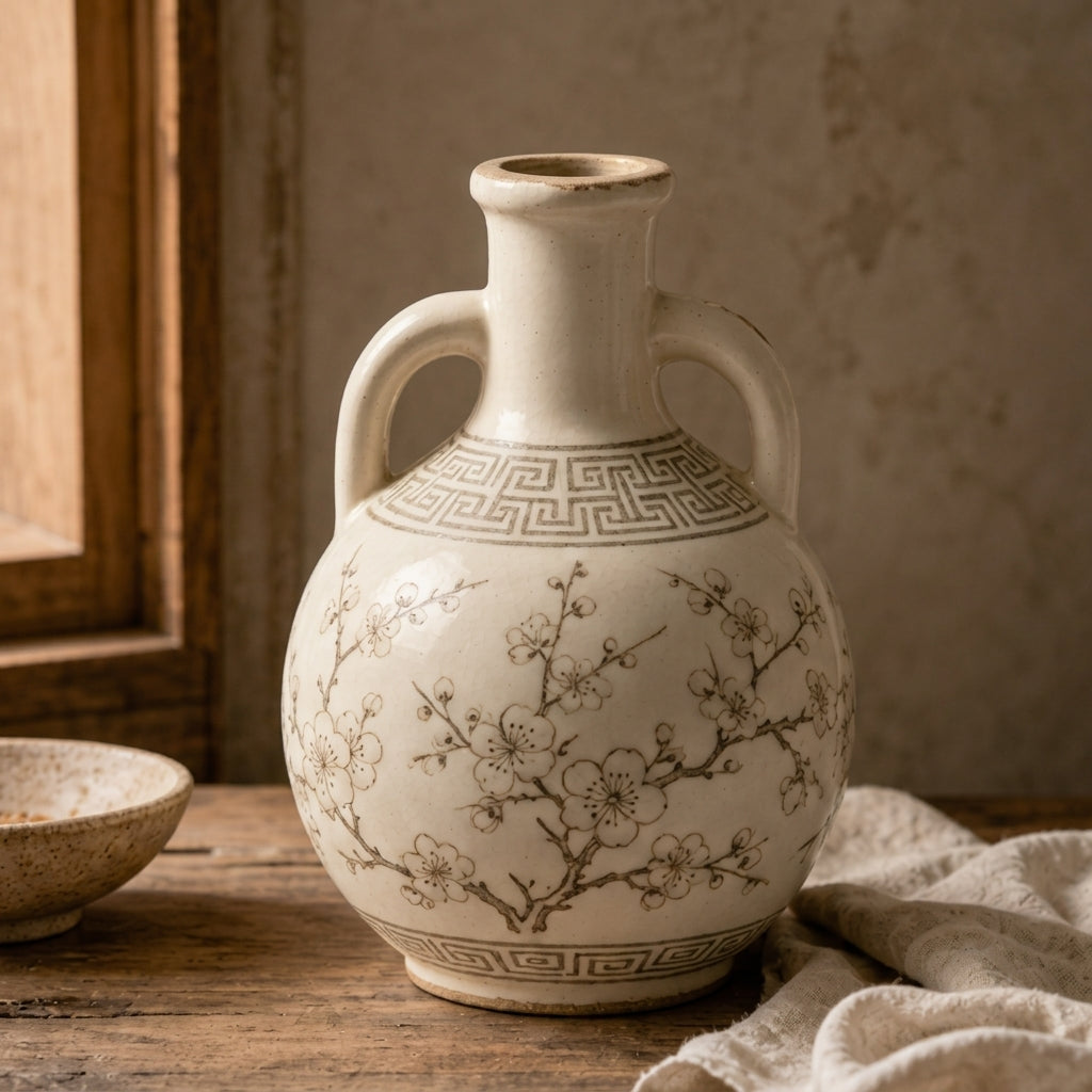 Vintage Cream Ceramic Amphora Vase with Blossom Motif